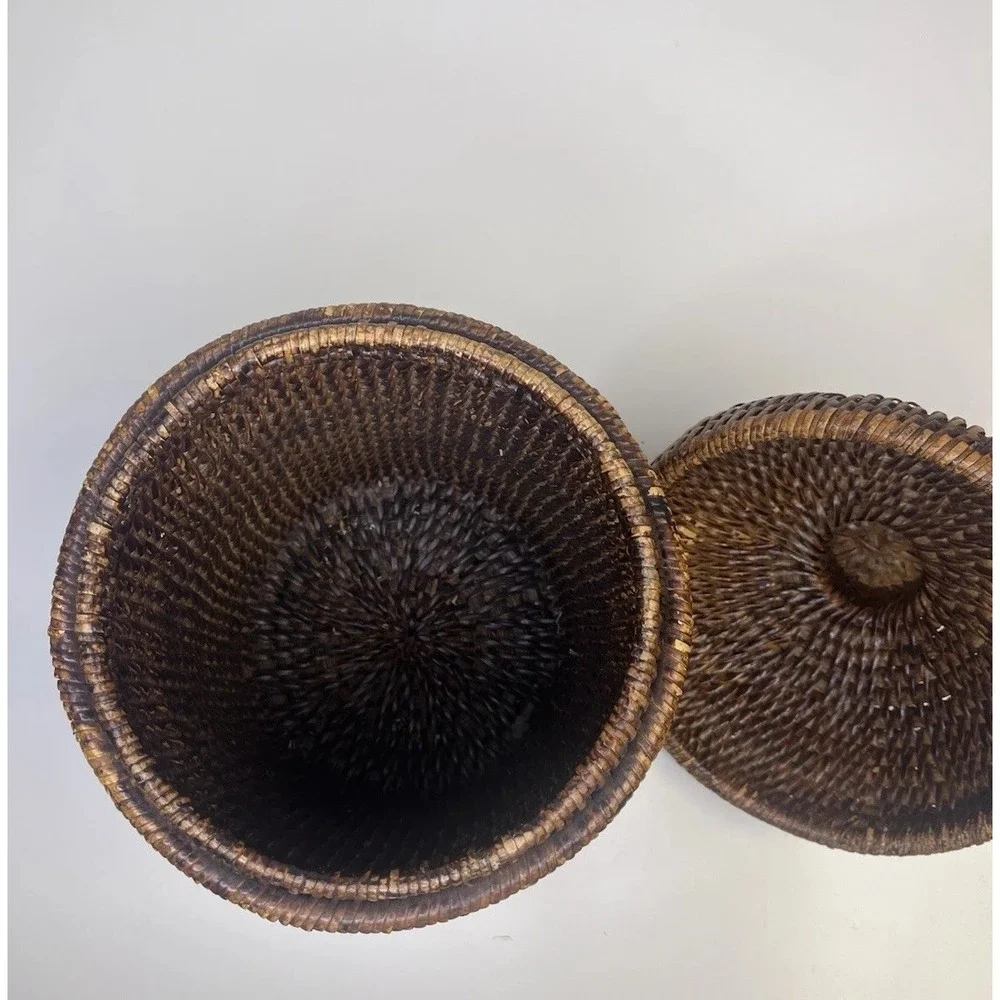 VTG Rattan Wicker Lidded Basket Ginger Jar Woven Coil Cane Storage‎ Vase